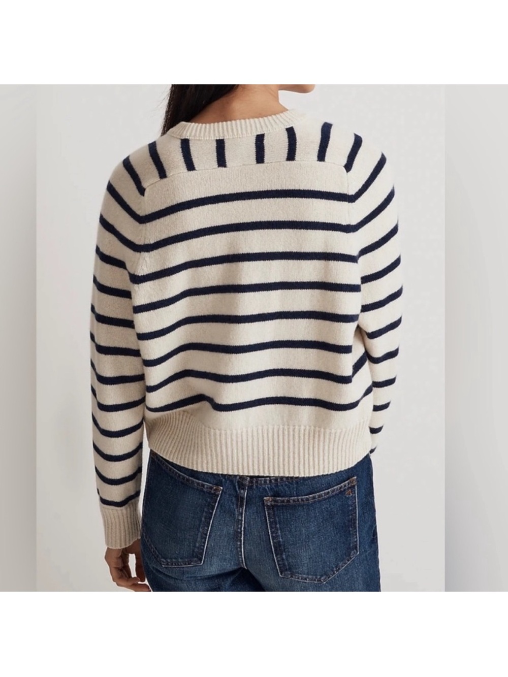 Madewell (Re)sourced Cashmere Wool Striped Crewneck Sweater Navy Cream Boxy M - Picture 4 of 12